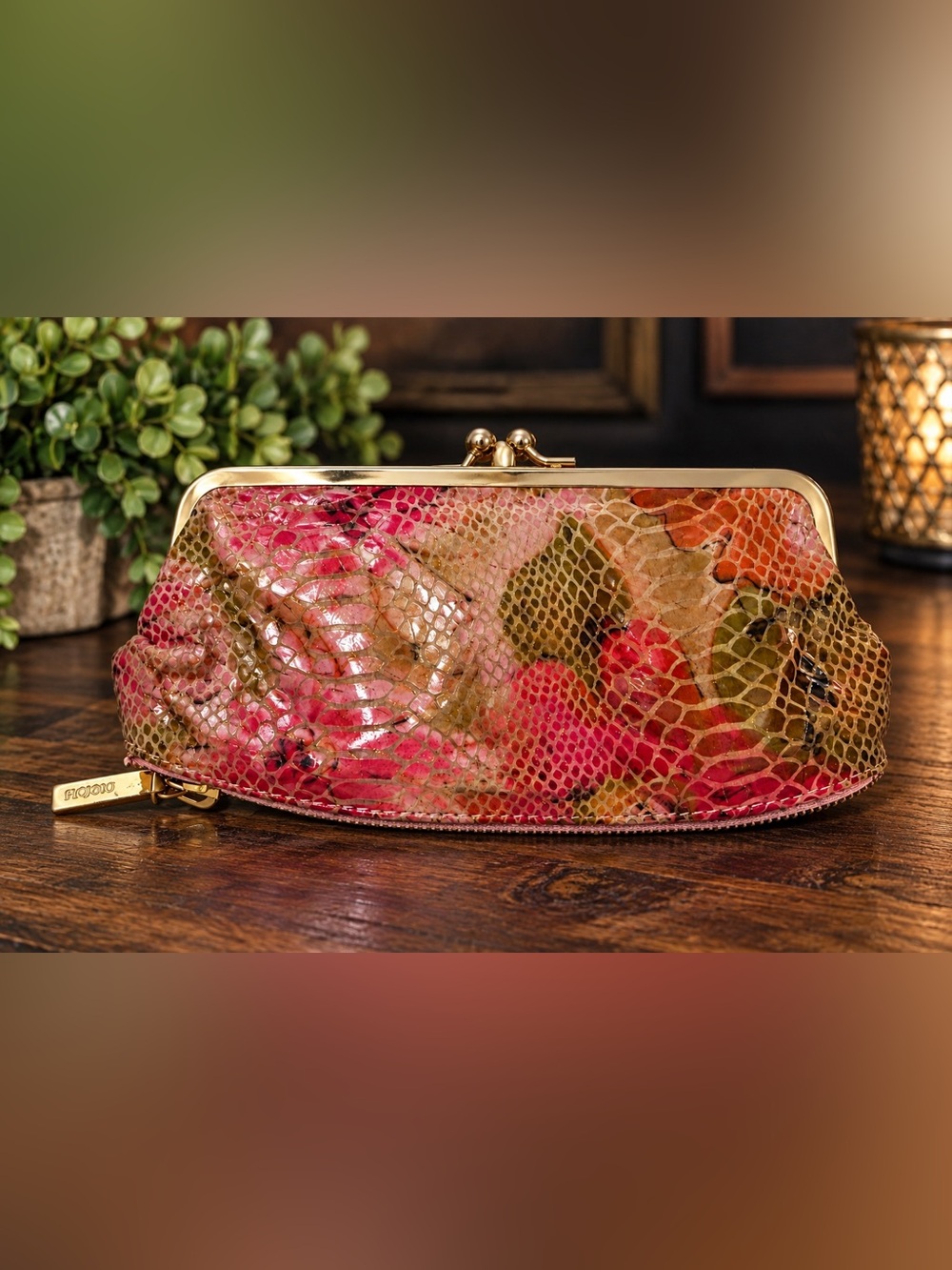 HOBO International Floral Snakeskin Embossed Leather Kiss-Lock Clutch Wallet